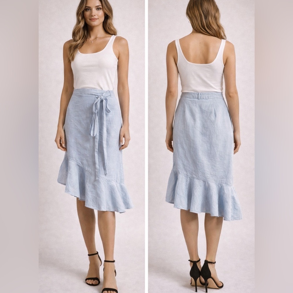 Ajaie Alaie 100% linen Light Blue Ruffle Hem Skirt size XS